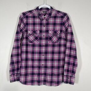 Eddie Bauer Flannel Shirt Womens Medium Blk Purple Plaid Fitted Outdoor Gorpcore